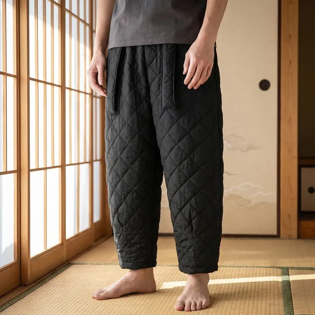 Pantalon Cargo Style Japonais porté par un homme dans une pièce japonaise traditionnelle, vue de face
