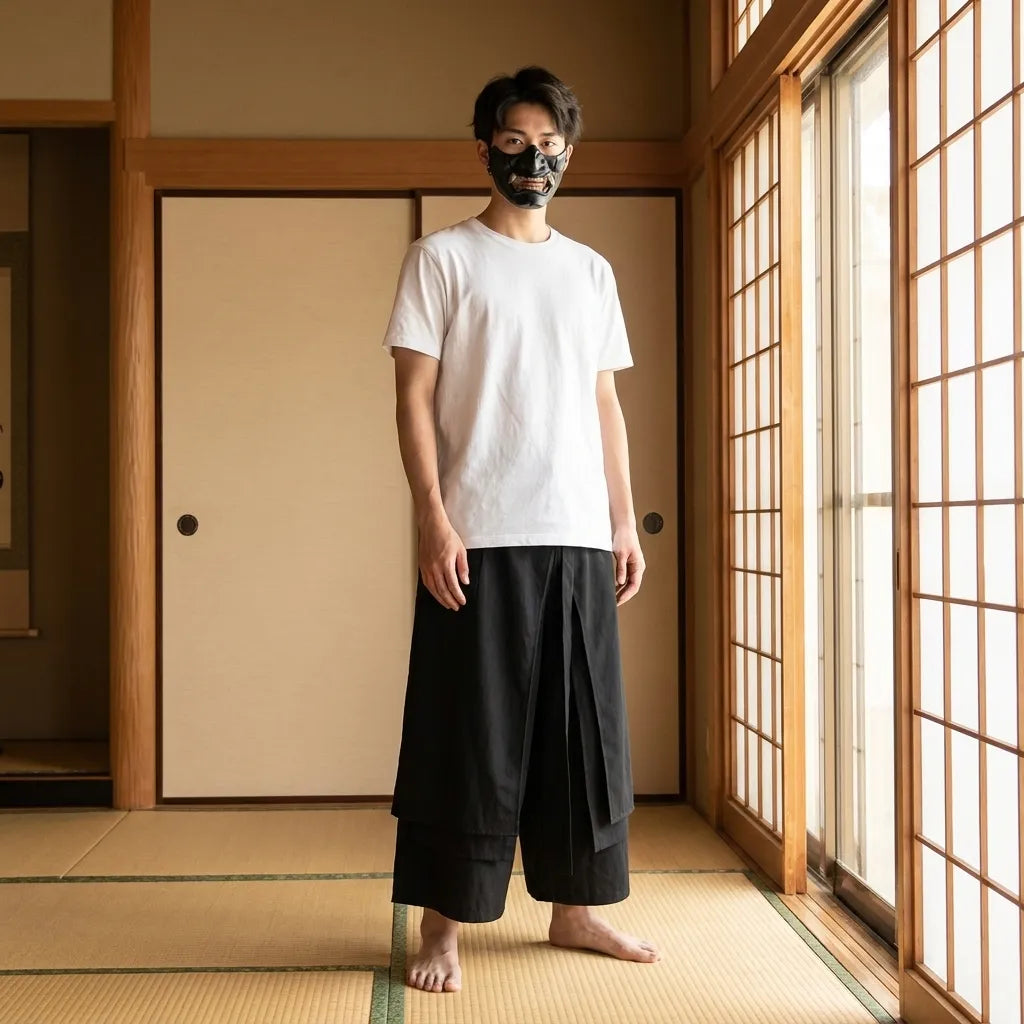 Détail du drapé et des plis du pantalon hakama noir