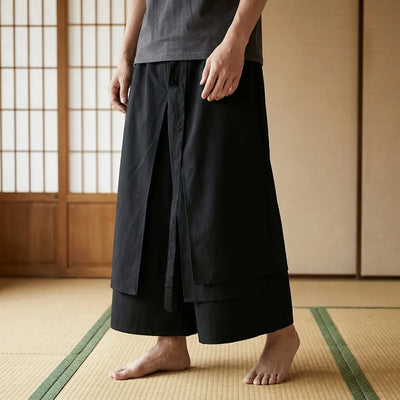 Pantalon Hakama homme noir coupe traditionnelle japonaise