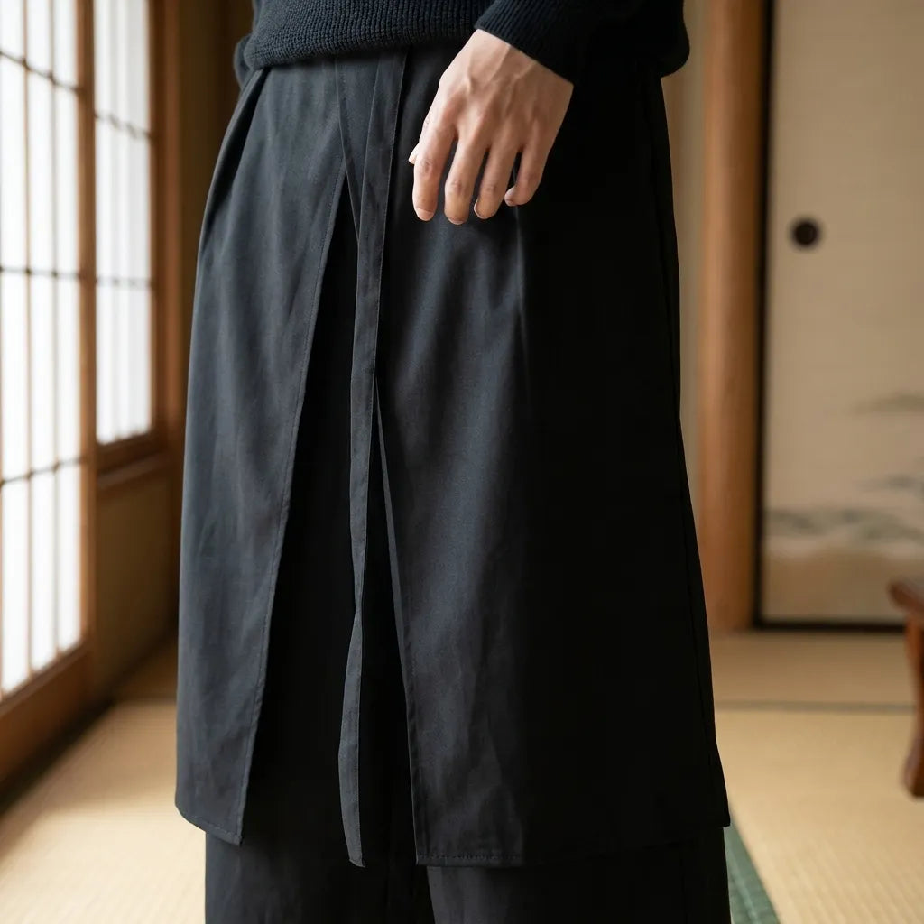 Pantalon hakama japonais vu de dos, plis fluides et ceinture nouée