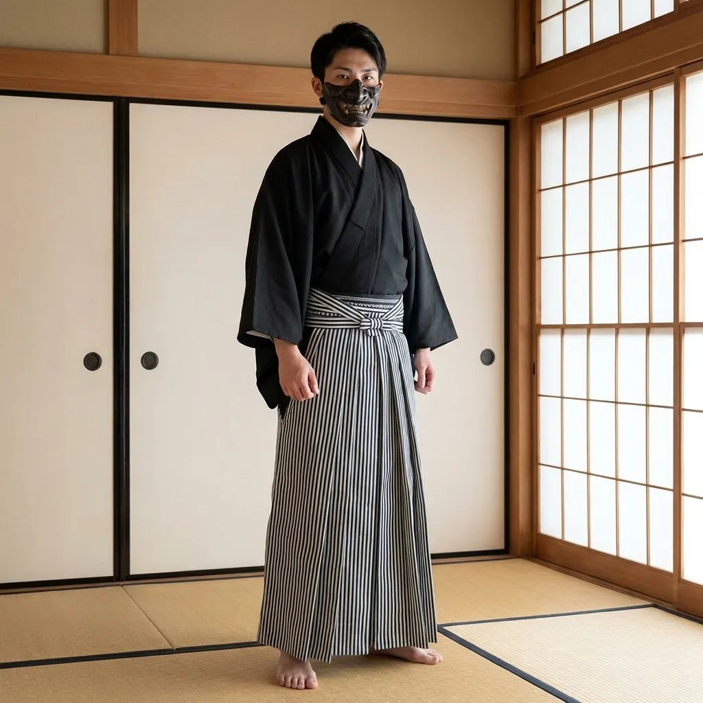 Pantalon hakama rayé posé à plat, coupe ample