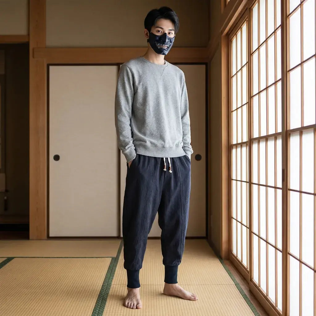 Pantalon Harajuku porté par un homme dans une pièce japonaise traditionnelle, vue de face