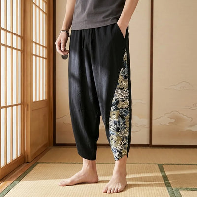 Pantalon harem japonais noir à coupe ample pour homme