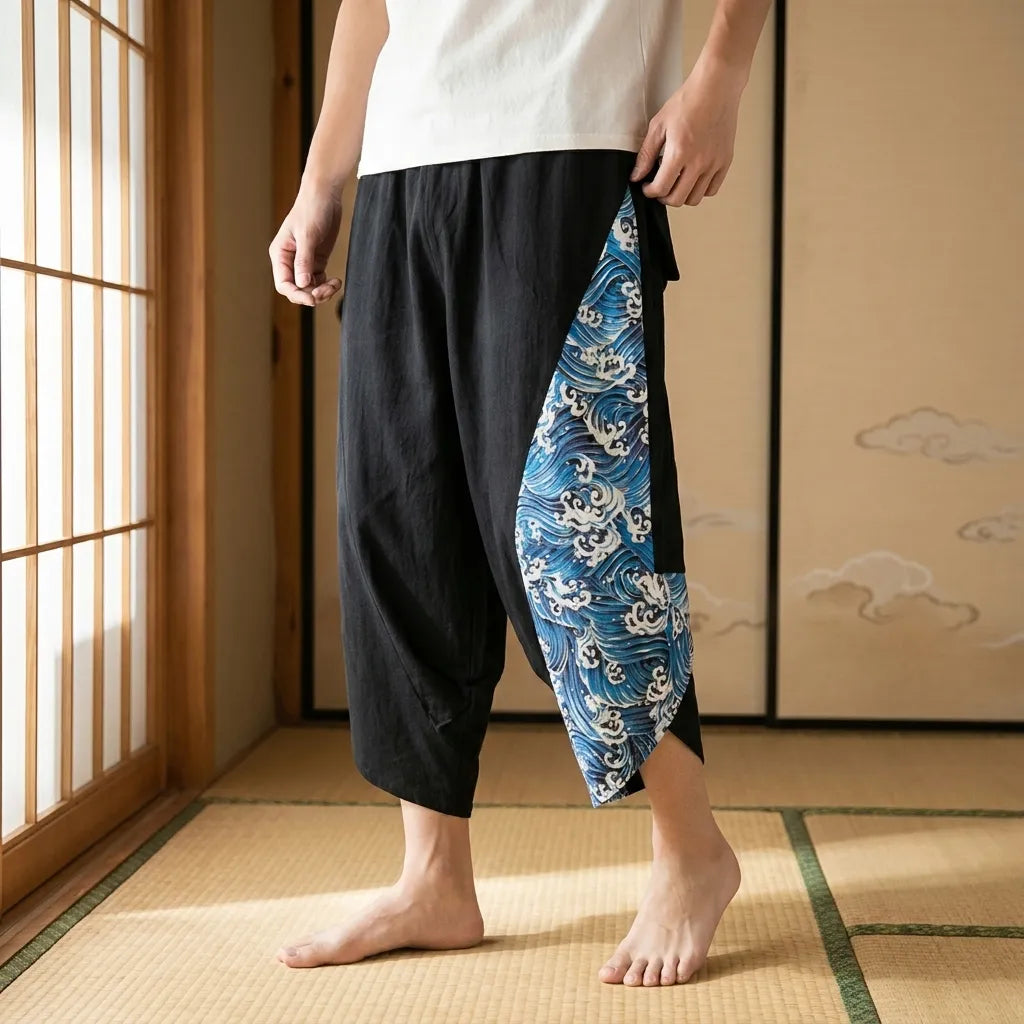 Pantalon harem japonais noir orné d'un motif de vague traditionnelle