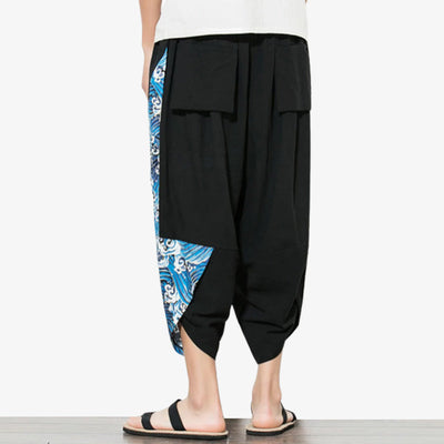 Pantalon japonais bleu à motif de vague traditionnelle