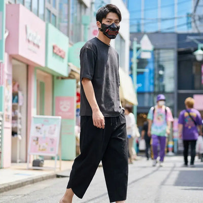 Pantalon japonais homme traditionnel vu à plat, taille élastique visible