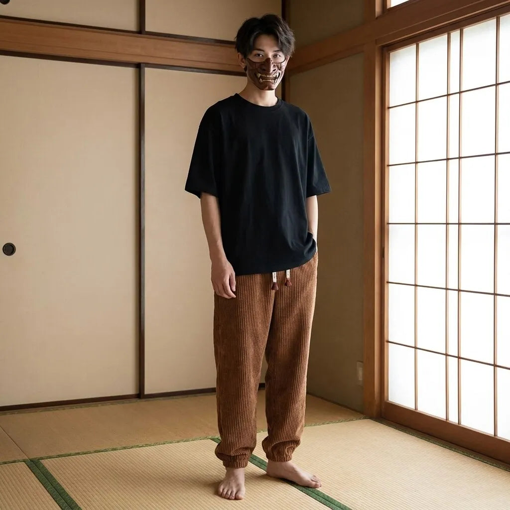 Vue de face alternative du pantalon japonais en velours côtelé