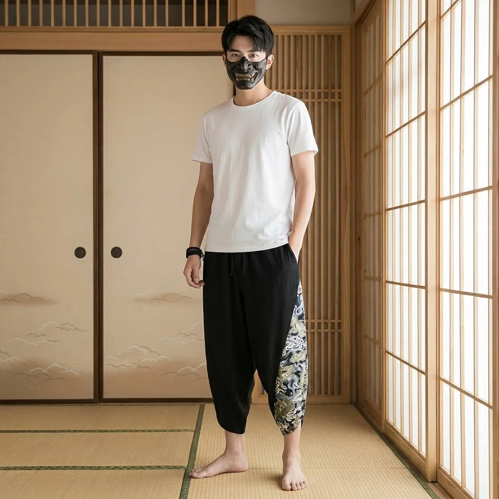 Pantalon streetwear japonais avec motif inspiré des vagues