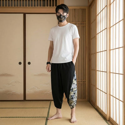 Pantalon streetwear japonais avec motif inspiré des vagues