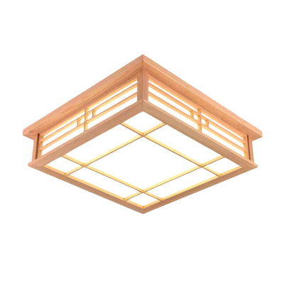 Plafonnier bois japonais au design géométrique sur fond blanc