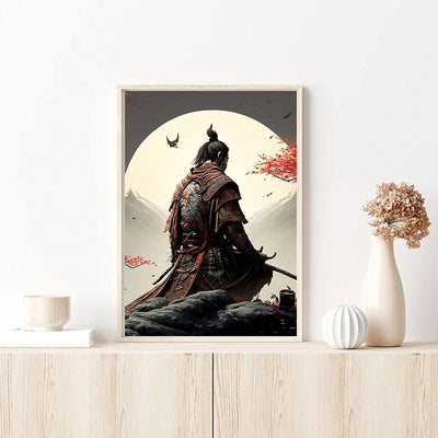 Ce poster shinobi est une affiche japonaise dans un cadre en bois et sur une etagere