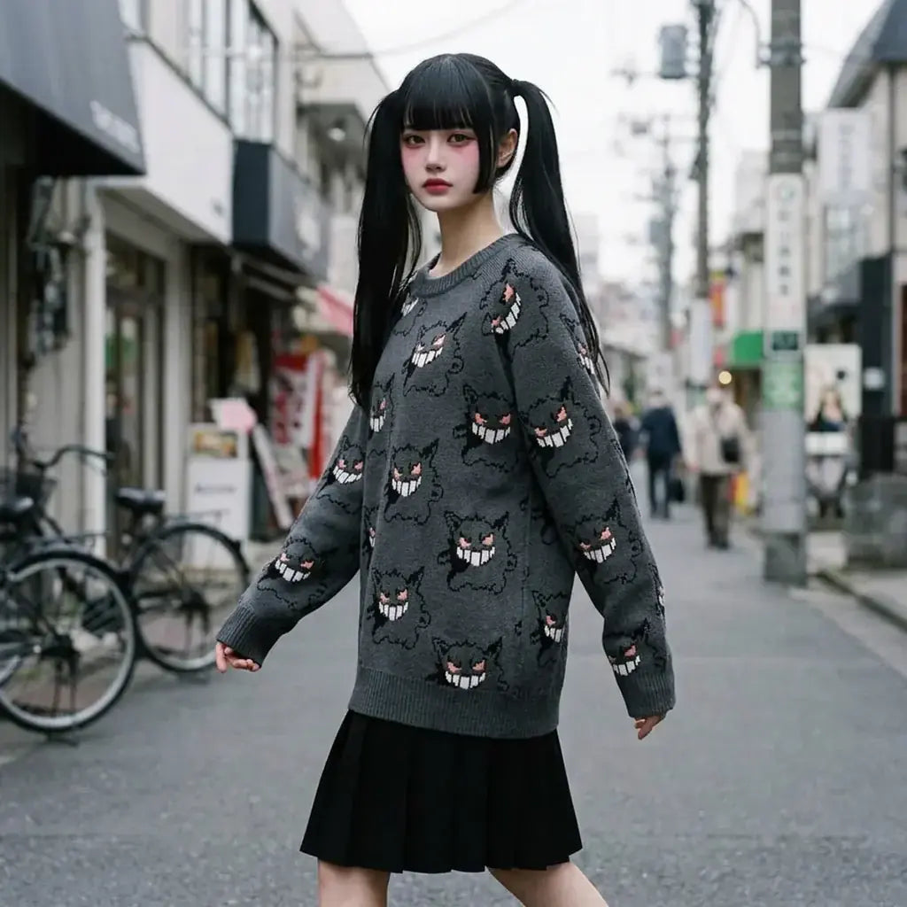 Personne en mouvement portant un pull jacquard gris couvert d'un motif répété de visages de chat-fantôme.
