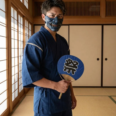 un homme porte un pyjama japonais traditionnelle dans une pièce washitsu et un masque japonais traditionnel