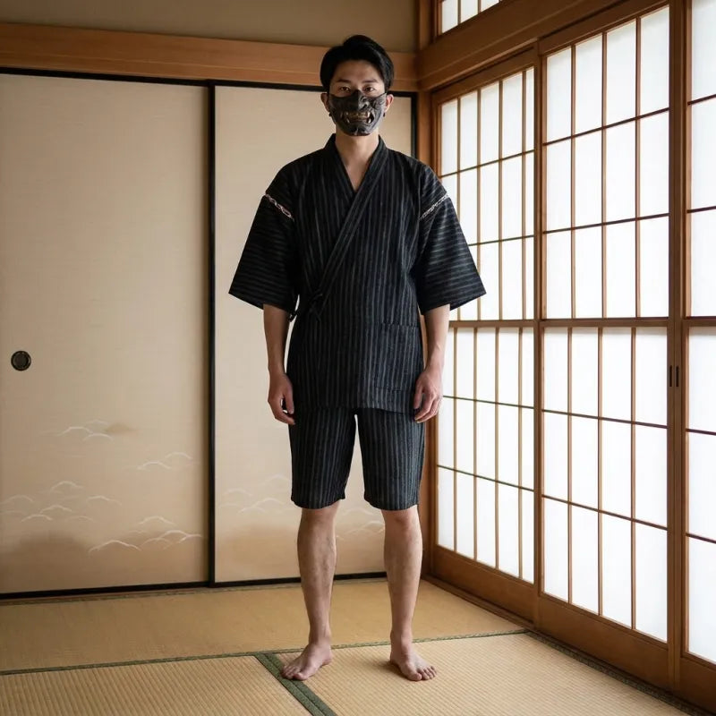 un homme porte un pyjama jinbei dans une pièce japonaise traditionnelle