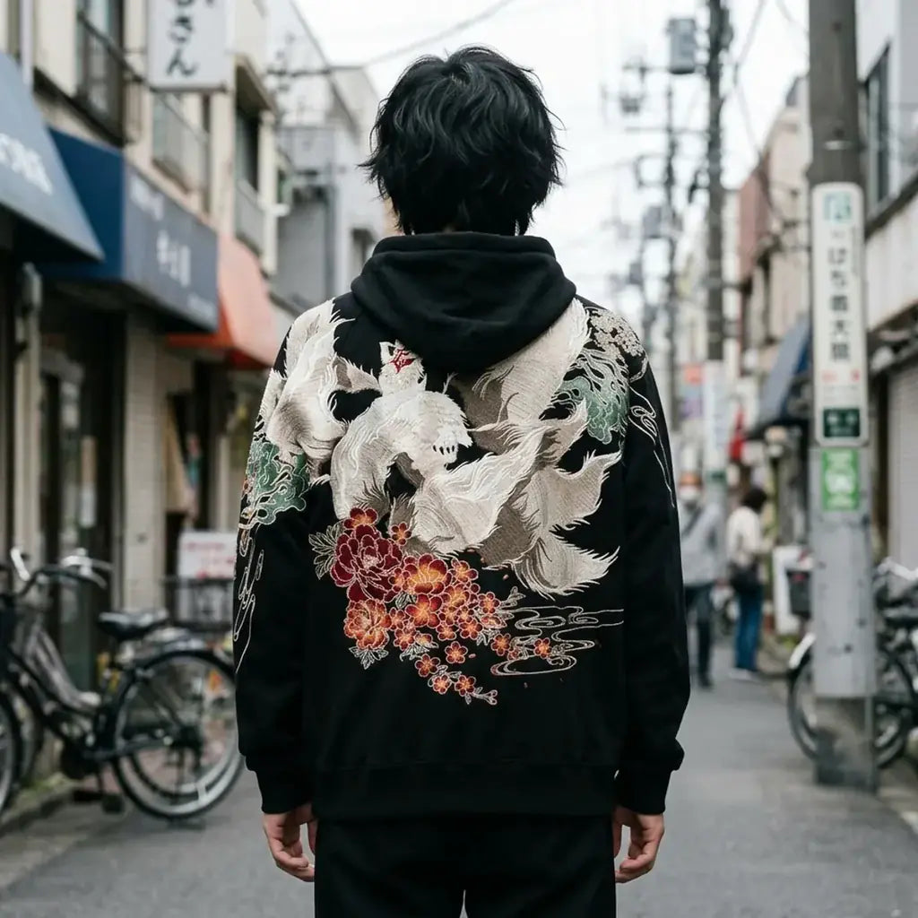 Le dos du sweat renard kitsune : un grand renard blanc à neuf queues au-dessus de pivoines rouges et de fleurs orange.
