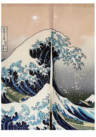 Rideau japonais noren motif vague accroché à une porte