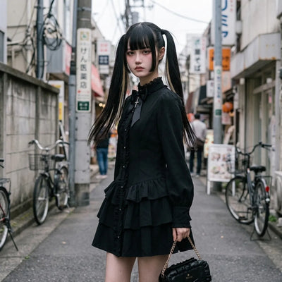 La robe gothique punk vue de trois quarts à Harajuku, laissant apparaître la manche bouffante et les deux volants superposés