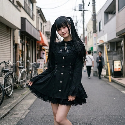 Robe lolita sombre dans une ruelle de Harajuku, avec un laçage de corset et un col en dentelle noire en plein jour.