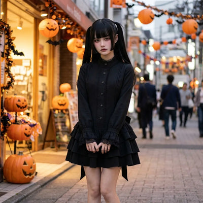 La robe gothique lolita portée dans une rue de Tokyo à Halloween, avec des lanternes en papier et des citrouilles en arrière-plan.