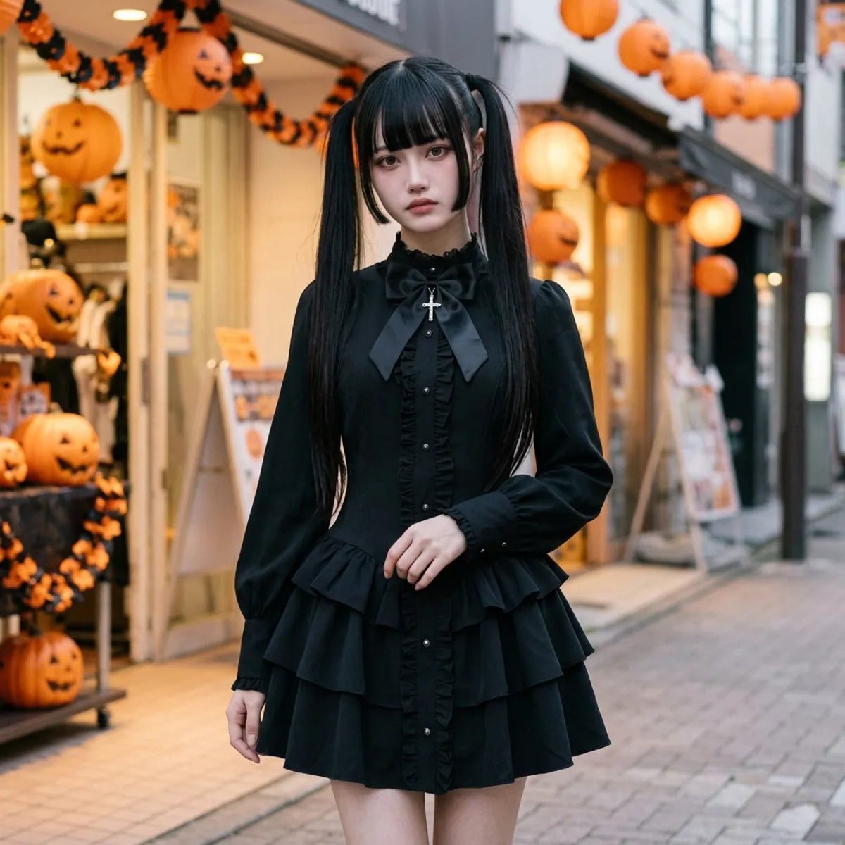 Robe gothique punk japonaise portée dans une rue de Tokyo à Halloween, avec des citrouilles sculptées et des lanternes orange en arrière-plan
