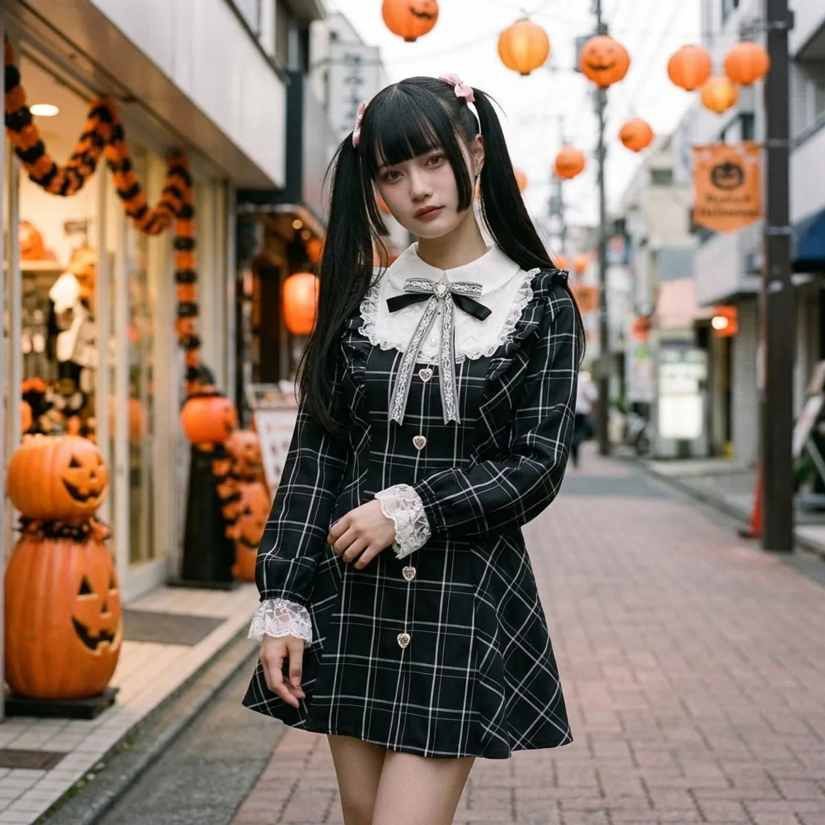 La robe fairy kei dans une rue de Tokyo pendant Halloween, avec des citrouilles sculptées et des lanternes orange en arrière-plan