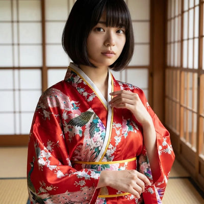 Robe kimono rouge fluide vue de côté avec détail du motif de paon