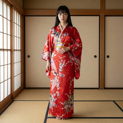 Robe kimono rouge pour femme à base rouge kurenai et motif de paon