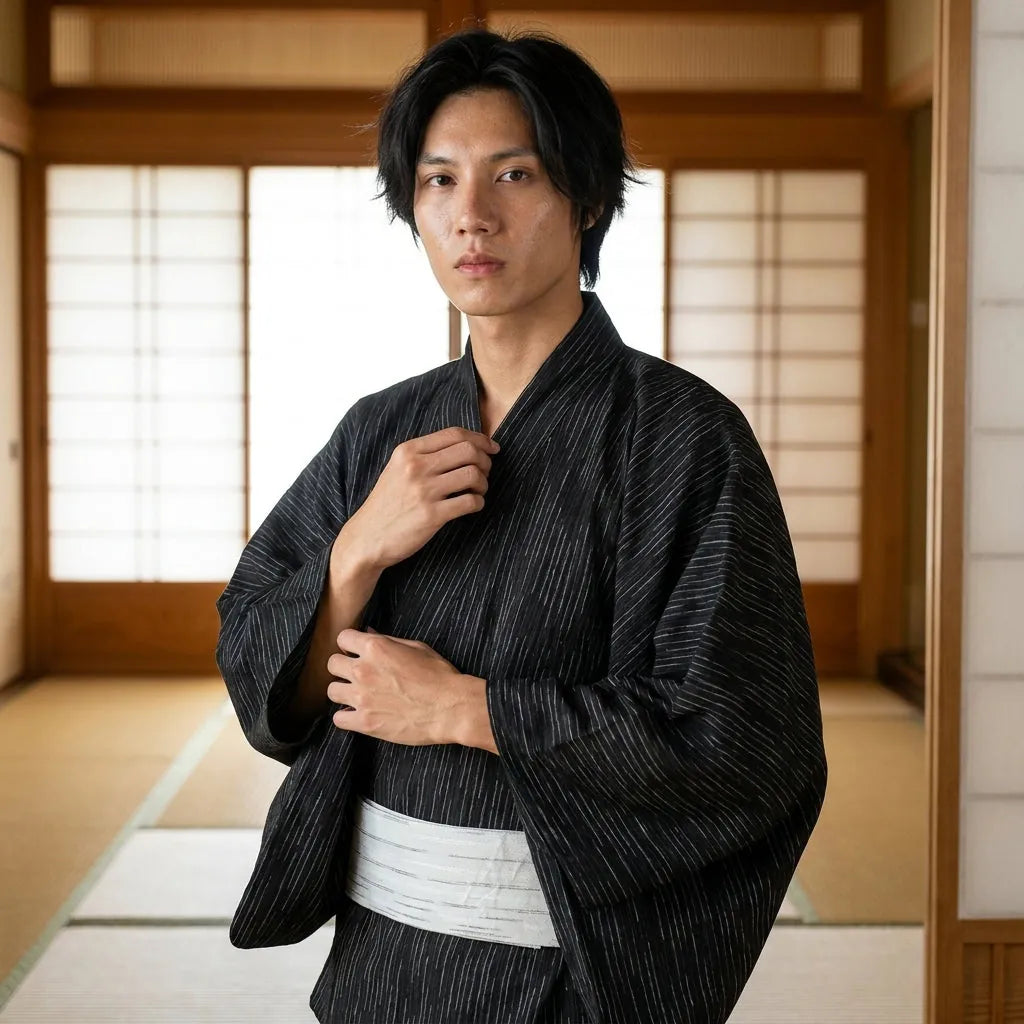 Robe kimono traditionnelle japonaise portée par un homme.