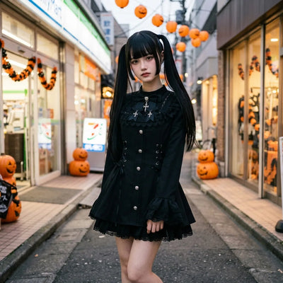 Robe lolita sombre portée dans une rue de Tokyo pendant Halloween, avec des citrouilles sculptées et des lanternes orange en arrière-plan.