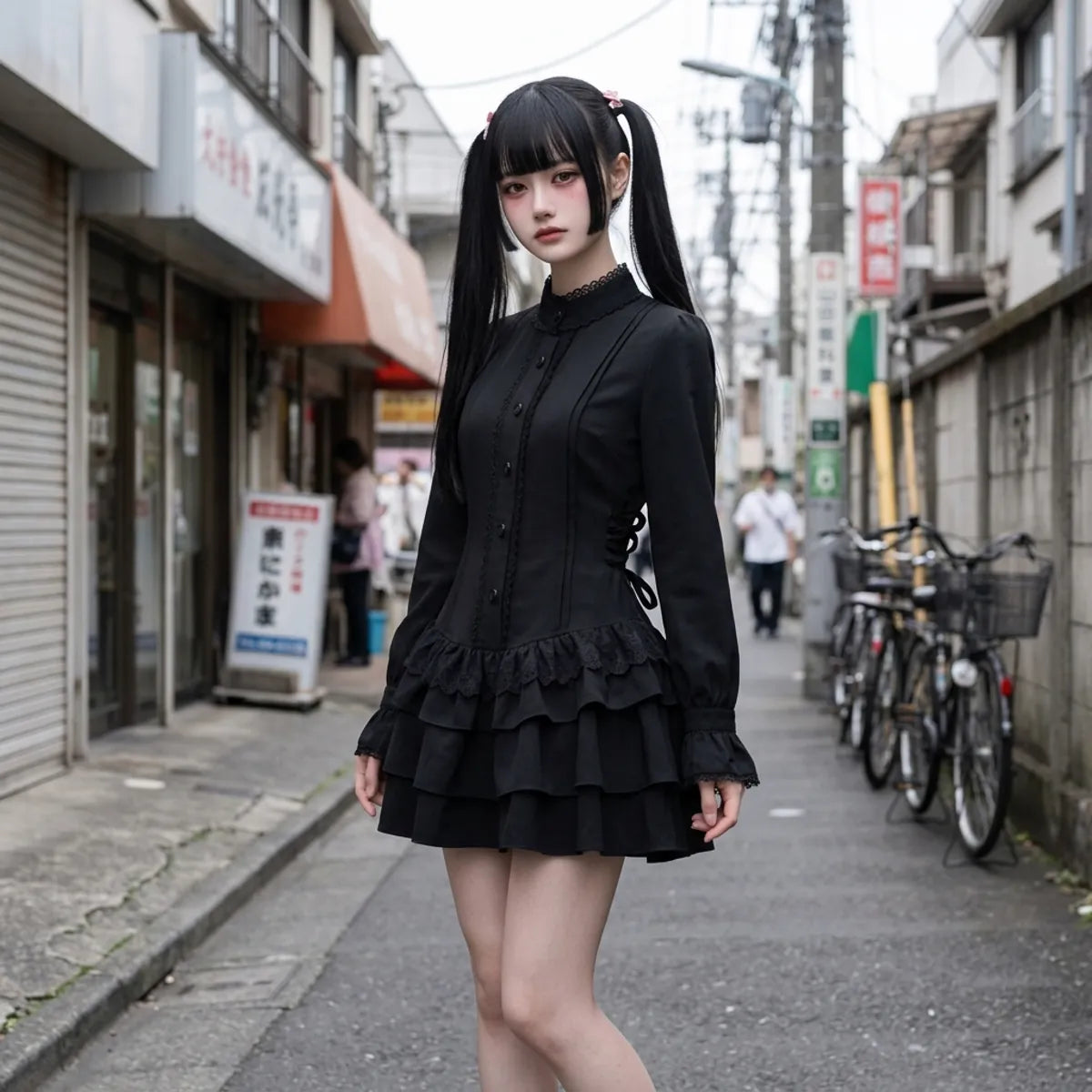 Robe gothique lolita portée dans une ruelle de Harajuku, avec un col montant noir et deux étages de volants.