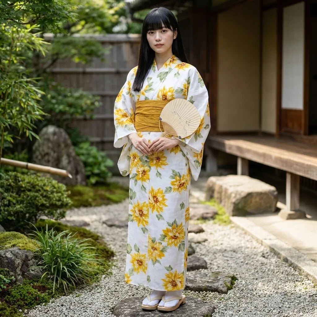 Vue de dos du yukata d'été jaune à tournesols montrant la silhouette portefeuille et l'imprimé floral