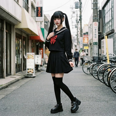 Uniforme marin japonais noir vu de trois quarts, main sur le noeud rouge, longues chaussettes noires
