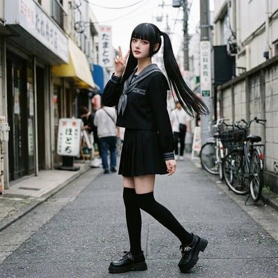 Uniforme sailor à Harajuku saisi en pleine marche, col gris et jupe plissée noire en mouvement