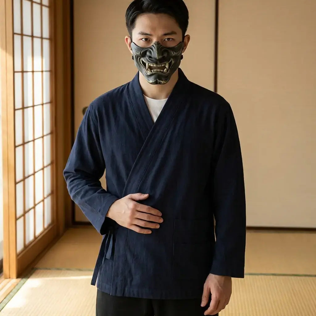 Samue Japon porté par un homme dans une pièce japonaise traditionnelle, vue de face