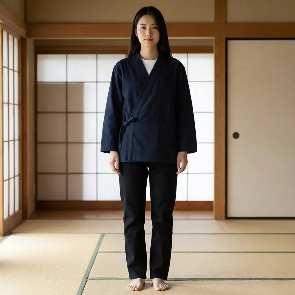 Samue Japon porté par une femme dans une pièce japonaise traditionnelle