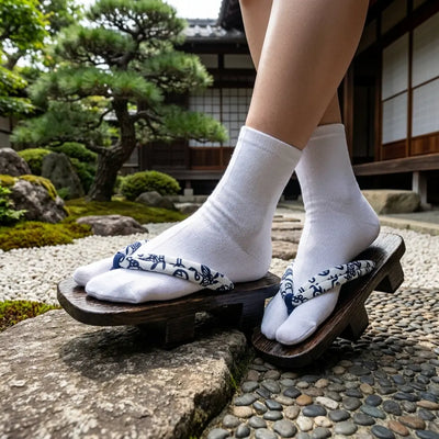 Sandale geta avec lanière florale marine dans un jardin japonais