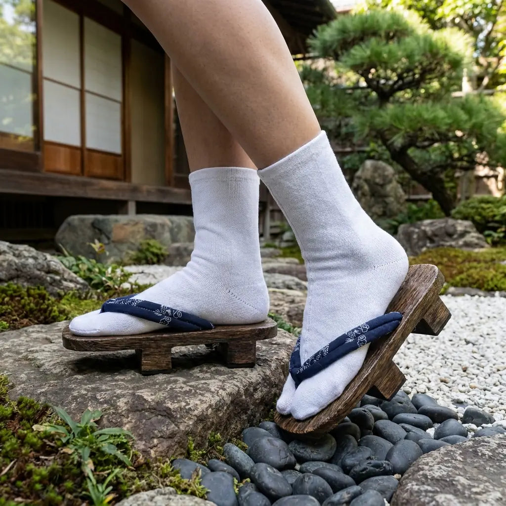 Geta femme au hanao bleu marine et plateau en bois sombre