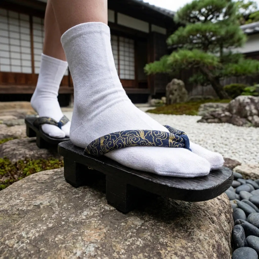 Sandales geta en bois portées de trois quarts dans un jardin japonais