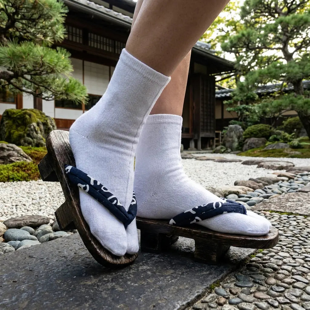 Sandales geta noires vue de face dans un jardin japonais