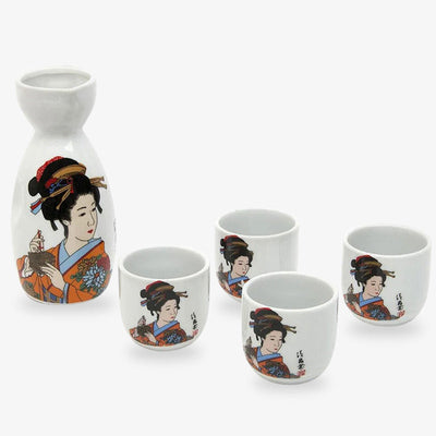 Service à saké geisha en céramique avec motif traditionnel japonais et quatre coupelles