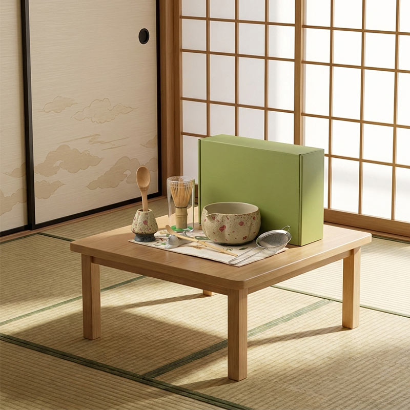 Table en bois avec set à matcha cérémoniel et coffret vert dans une pièce japonaise traditionnelle