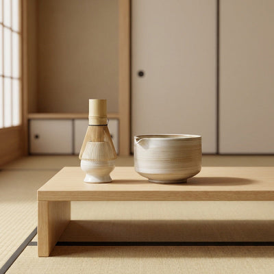 Set à matcha en céramique sur une table en bois dans une pièce japonaise épurée aux portes coulissantes