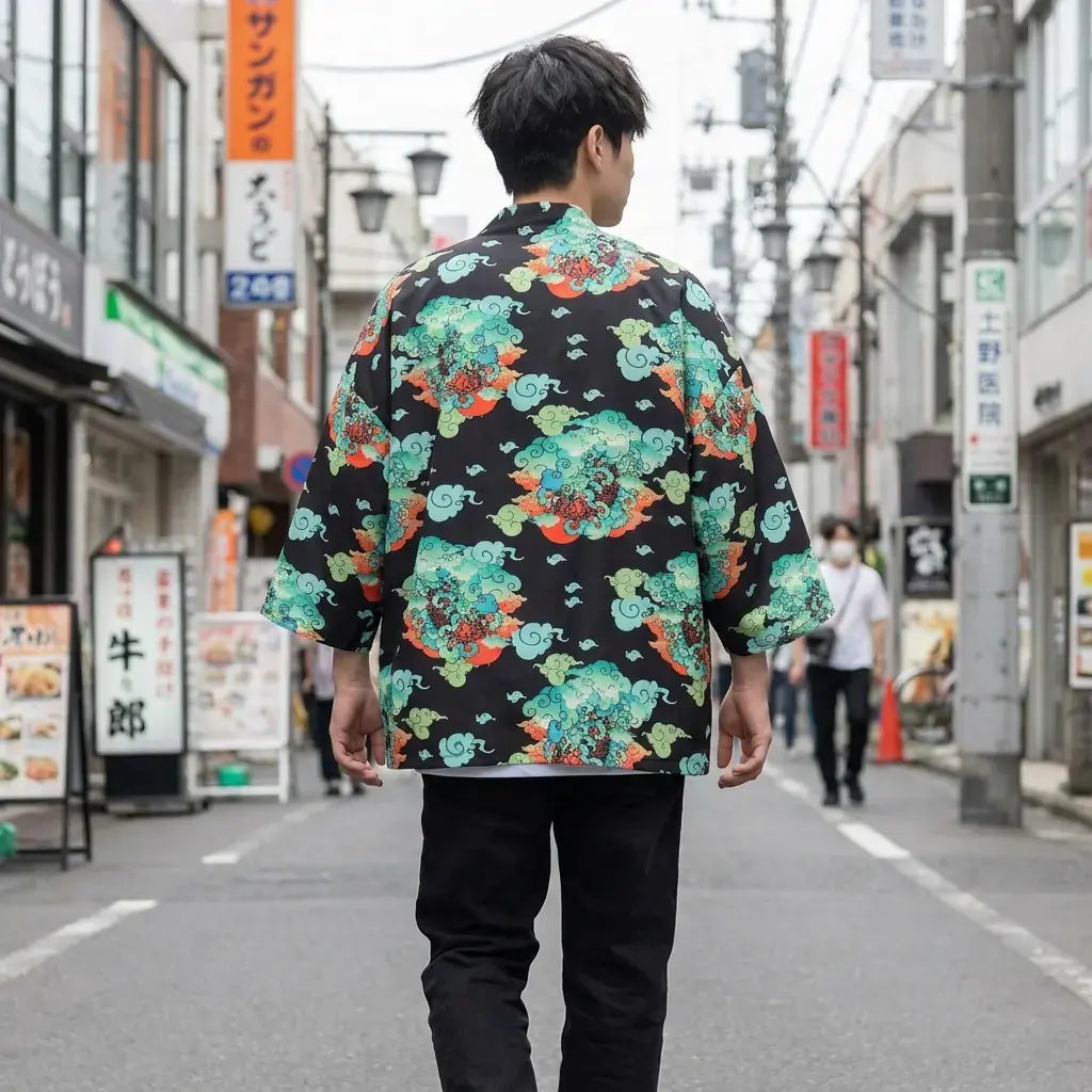 Streetwear Haori porté par un homme dans une pièce japonaise traditionnelle, vue de face