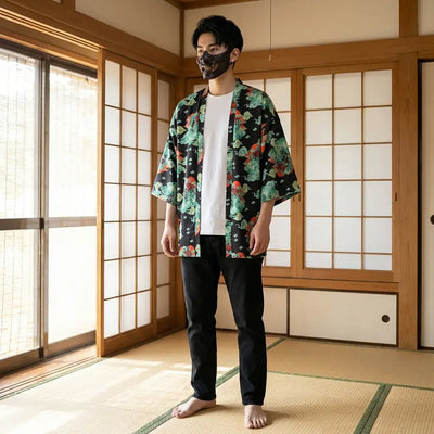 Streetwear Haori porté par un homme dans une pièce japonaise traditionnelle, vue de face