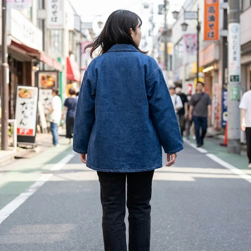 Femme vue de dos portant un haori bleu dans une rue de Harajuku