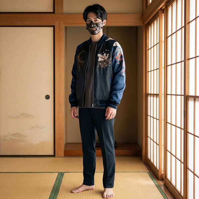Sukajan bleu à motifs floraux dans une pièce japonaise traditionnelle