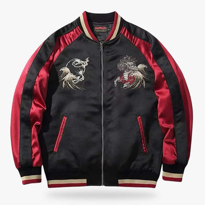 Blouson bombardier sukajan pour homme avec un motif détaillé de kirin, inspiré de la mythologie shinto et de l'artisanat japonais traditionnel