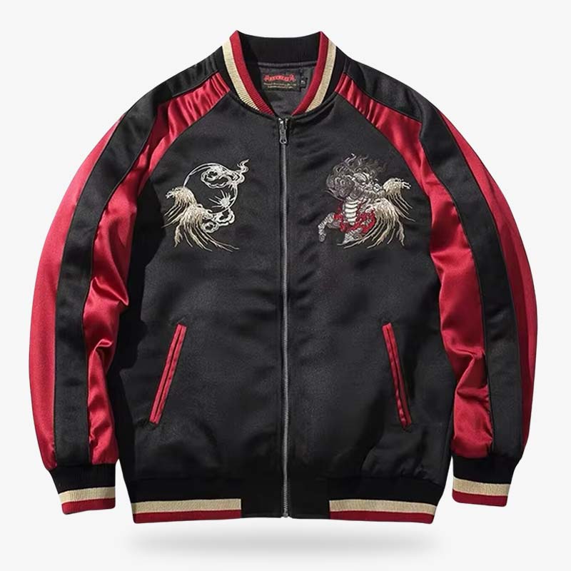 Blouson bombardier sukajan pour homme avec un motif détaillé de kirin, inspiré de la mythologie shinto et de l'artisanat japonais traditionnel