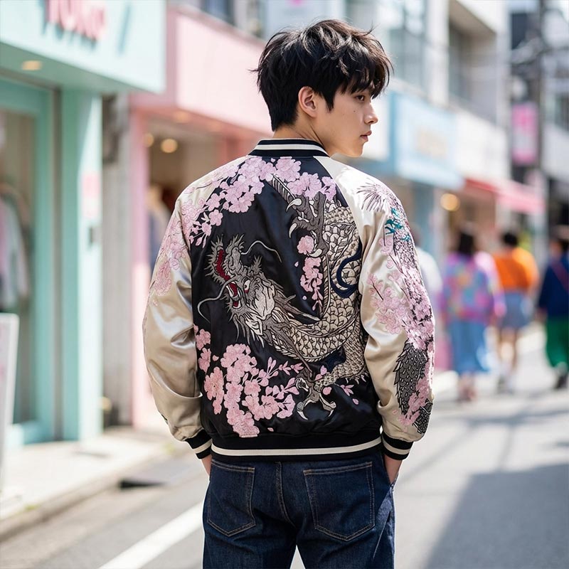 Personne portant un sukajan brodé avec motifs de dragon et de fleurs dans une rue de Harajuku