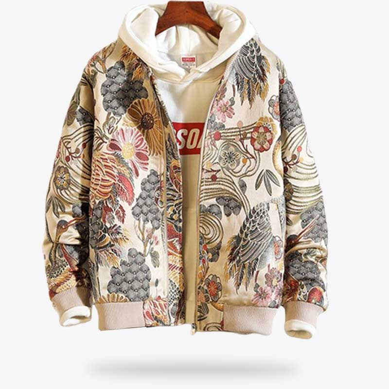 Ce sukajan souvenir jacket est un bomber japonais avec des motifs de la nature